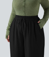 High Waisted Drawstring Wide Leg Cropped Casual Linen-Feel Plus Size Pants with Pockets