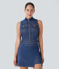 Halara Flex™ Stand Collar Zipper InstantCool Washed Denim Tennis Tank Top