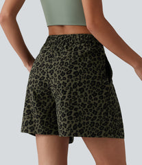 Mid Rise Leopard Print Casual Baggy Shorts 5'' with Pockets
