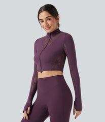 SoftlyZero™ Thumb Holes Contrast Lace Double Zipper Yoga Jacket-UPF50+