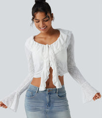Tie-neck Flounce Long Sleeve  Asymmetric Ruffle Trim Casual Lace Top