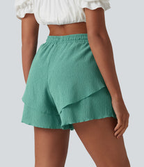 High Waisted Drawstring Layered Ruffle Hem Shorts 5'' with Pockets