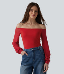 SoftlyZero™ Airy Off-Shoulder Long Sleeve Breathable Mesh Built-in Bra InstantCool Casual T-Shirt-UPF50+