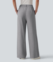 High Waisted Straight Leg Work Linen-Feel Pants with Pockets