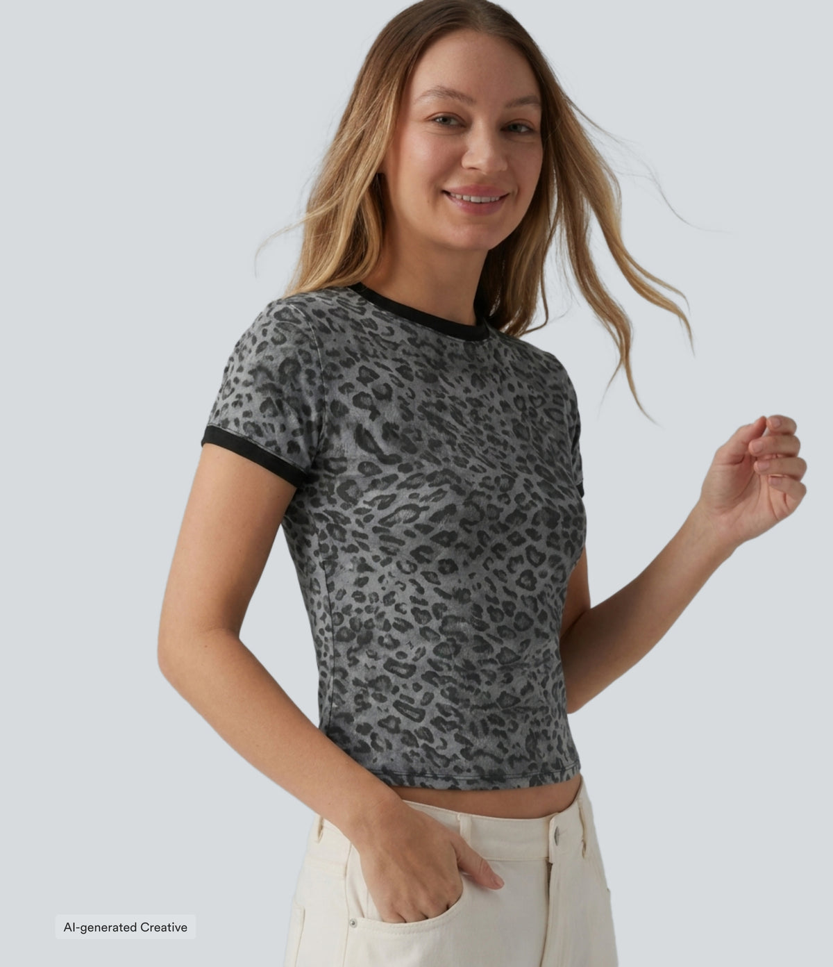 Round Neck Short Sleeve Leopard Print Casual Ringer T-Shirt