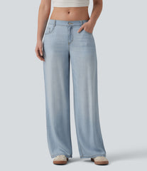 Low Rise Draped Casual Wide Leg Jeans with Pockets