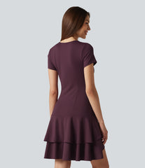 SoftlyZero™ Airy Round Neck Short Sleeve Layered Ruffle Hem InstantCool Mini Casual Dress