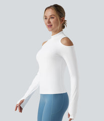 SoftlyZero™ Airy Mock Neck Cut Out Long Sleeve Thumb Hole InstantCool Yoga Sports Top-UPF50+