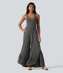 Crisscross Backless U-Neck Sleeveless Ruffle Hem Flowy Casual Jumpsuit with Pockets-Easy Peezy