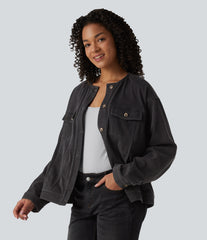 Halara Flex™ Round Neck Long Sleeve Denim Casual Jacket with Pockets