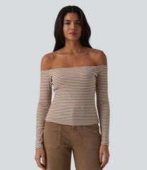Ribbed Knit Off Shoulder Long Sleeve Stripe Built-in Bra Casual Top