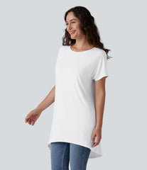 Boat Neck Short Sleeve High-Low Longline Casual T-Shirt with Pockets
