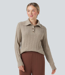 Lapel Long Sleeve Cable Knit Relaxed Fit Work Wool-Blend Sweater