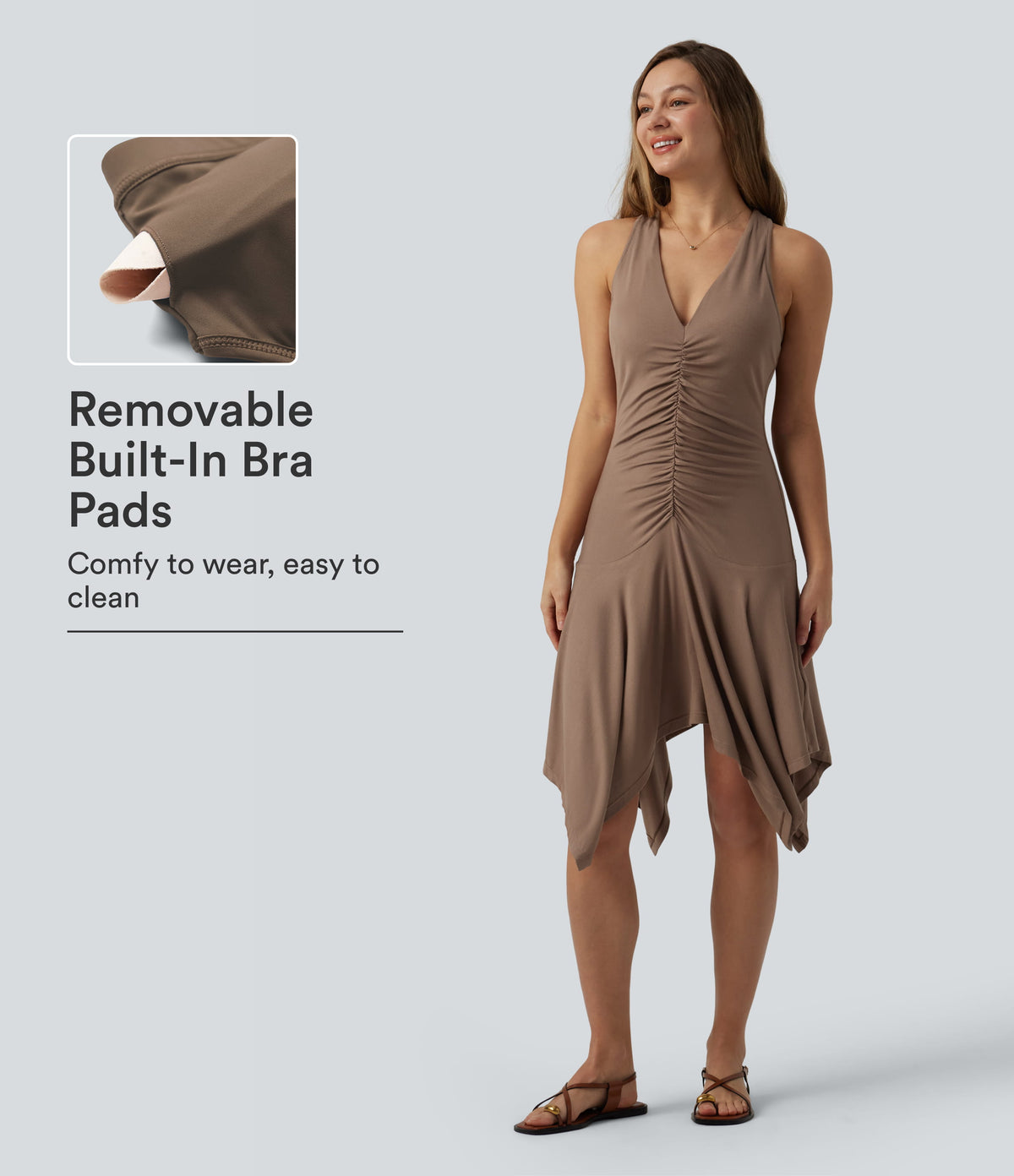 V Neck Ruched Racerback Asymmetric Hem Midi Casual Dress