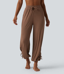 High Stretch Ribbed Knit Modal High Waisted Drawstring Ruched Yoga Joggers with Pockets