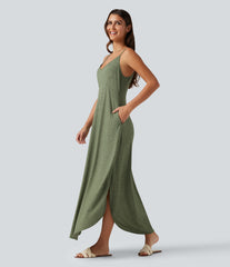 V Neck Split Hem Maxi Casual Slip Dress with Pockets