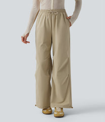 Mid Rise Drawstring Ruched Baggy Stretchy Poplin Casual Parachute Pants with Pockets