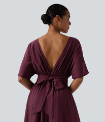 Round Neck Short Sleeve Tie Back Midi Casual Dress with Pockets