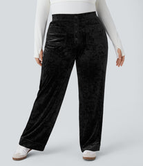 High Waisted Pockets Straight Leg Velvet Casual Plus Size Pants