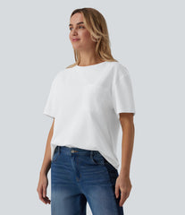 Round Neck Short Sleeve Oversize Casual Cotton T-Shirt with Pocket