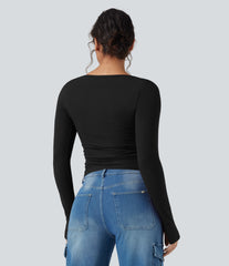 Halara HeatCore U-Neck Long Sleeve Thumb Holes Ruched Slim Casual Warming Top