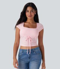 Square Neck Drawstring Eyelet Skinny Cropped Casual Top