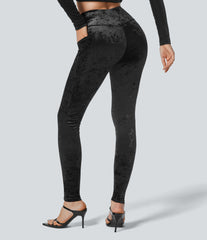 High Waisted Crossover Pocket Velvet Casual 7/8 Leggings
