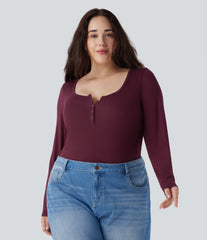 Plus Size Ribbed Henley Neck Long Sleeve Casual Top