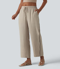 Mid Rise Drawstring Straight Leg Linen-Feel Pants with Pockets