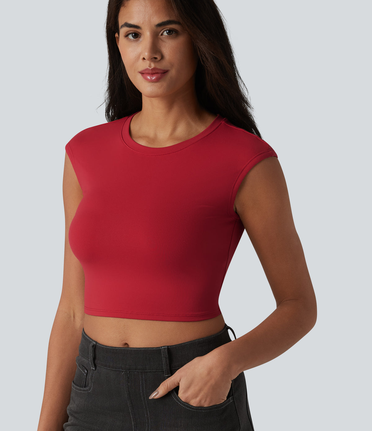Round Neck Cap Sleeve Cropped Casual T-Shirt