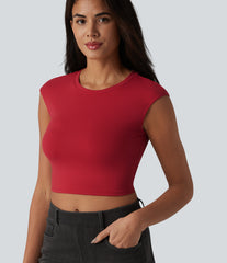 Round Neck Cap Sleeve Cropped Casual T-Shirt