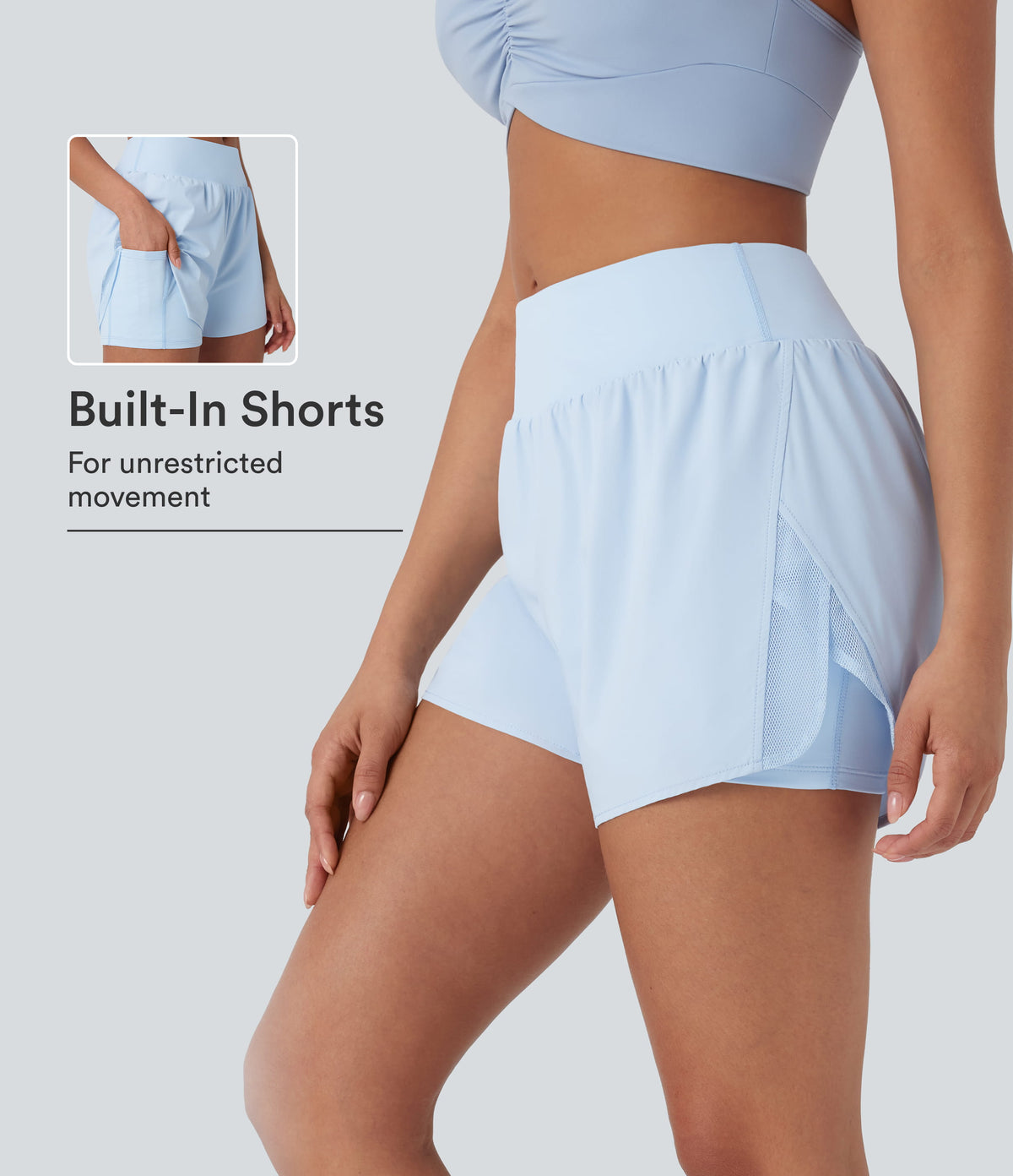 Mid Rise Contrast Mesh 2-in-1 Yoga Shorts with Pockets