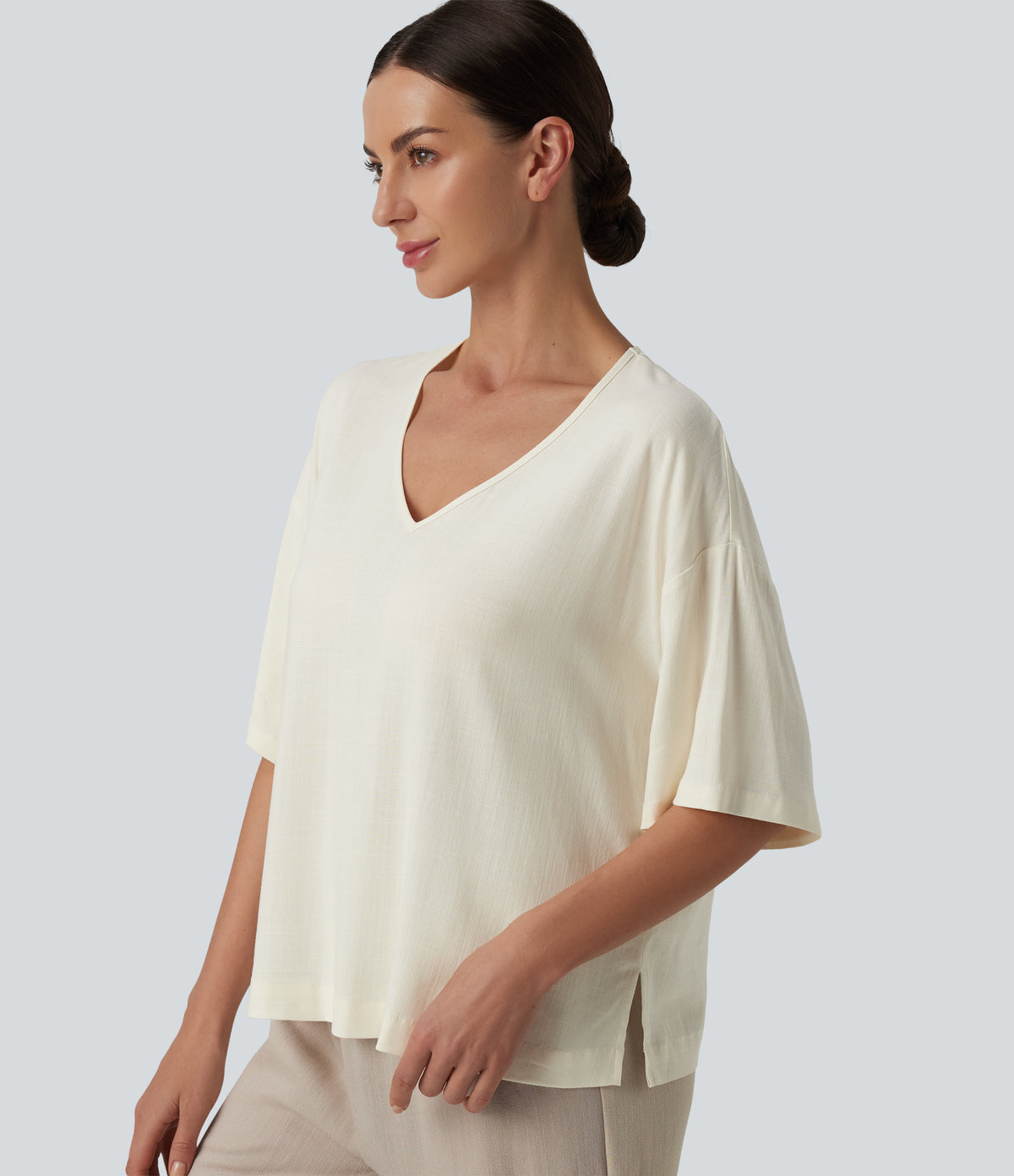 V Neck Half Sleeve Casual Linen-Feel Top