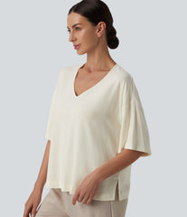 V Neck Half Sleeve Casual Linen-Feel Top