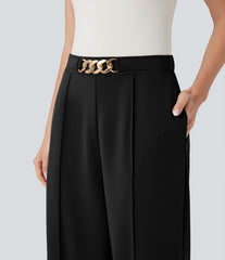 High Waisted Metal Chain Straight Leg Work Pants with Pockets