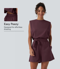 Round Neck Sleeveless Tie-front InstantCool Casual Romper with Pockets-Easy Peezy-UPF50+