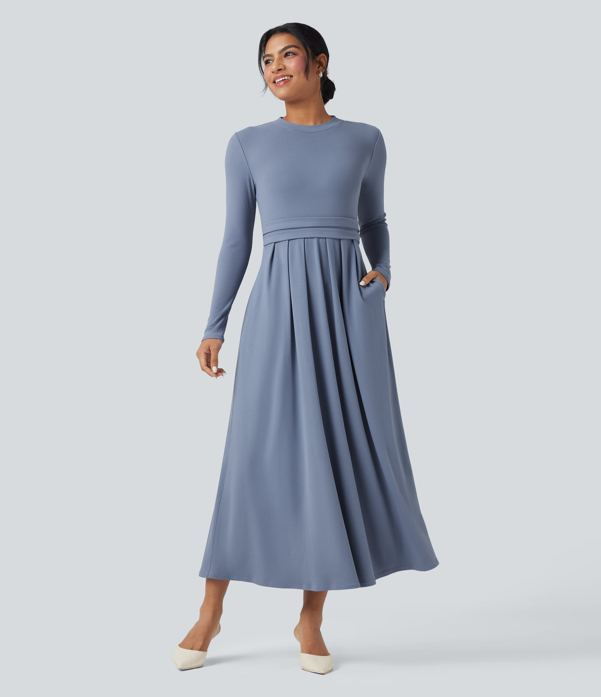 Mock-neck Long Sleeve  A-line Casual Maxi Dress with Pockets