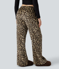 Mid Rise Drawstring Leopard Print Fleece Casual Baggy Pants with Pockets