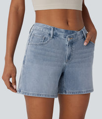 Halara Flex™ Asymmetric Low Rise Pockets Washed Denim Casual Shorts