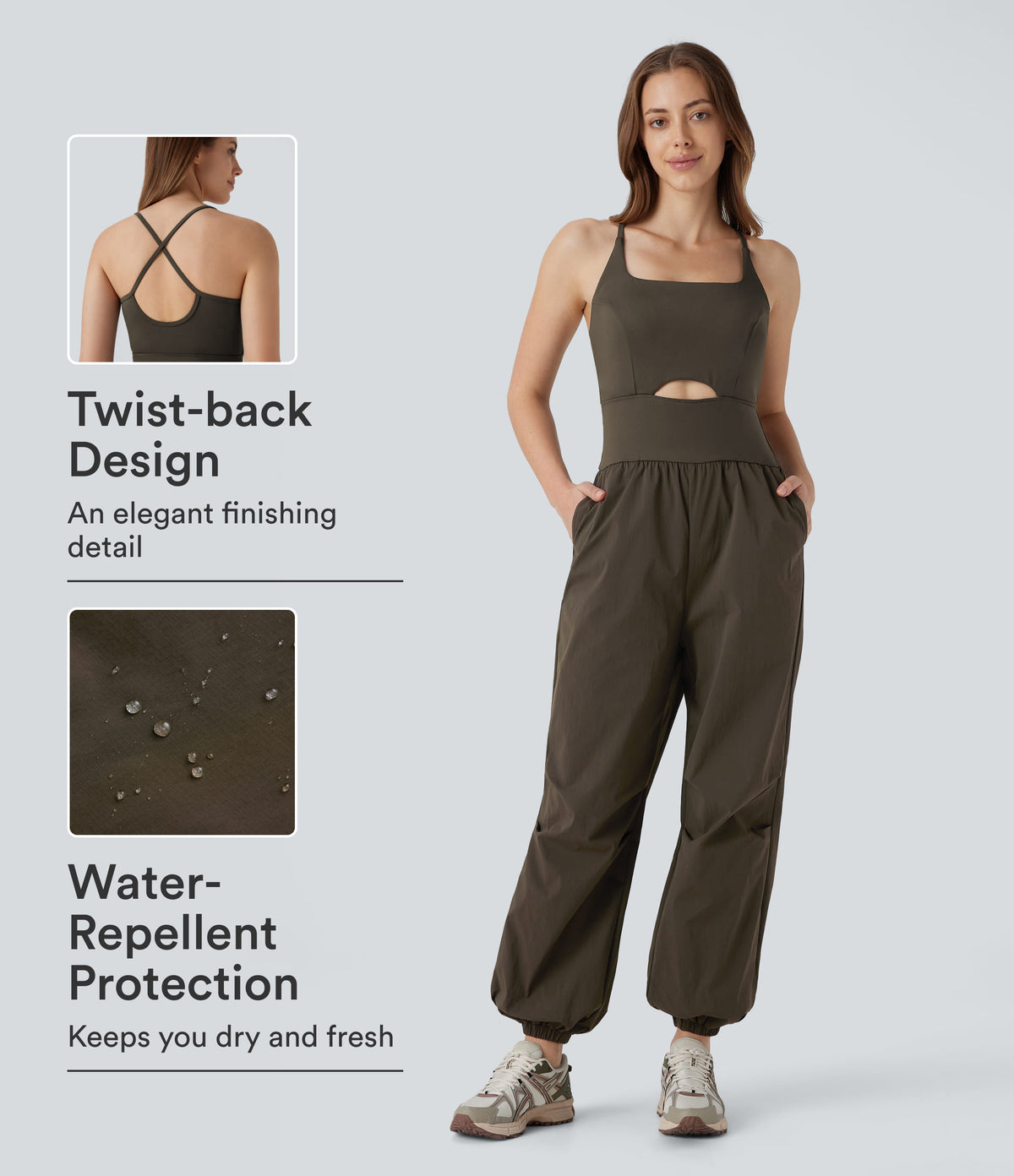 Water Repellent Crisscross Backless Side Pockets Ripstop Hiking Cargo Jumpsuit