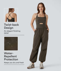 Water Repellent Crisscross Backless Side Pockets Ripstop Hiking Cargo Jumpsuit