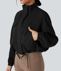 High-neck Long Sleeve Drawstring Hem Workout Jacket with Pockets