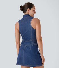 Halara Flex™ Stand Collar Zipper InstantCool Washed Denim Tennis Tank Top