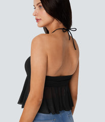 Halter Tie Back Ruched Mesh Ruffle Hem Casual Tank Top