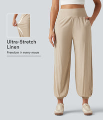 High Waisted Casual Stretch Linen Joggers with Pockets