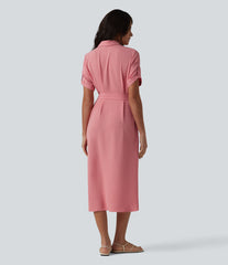 Short Sleeve Belted Midi Casual Linen-Feel Shirt Dress with Pockets