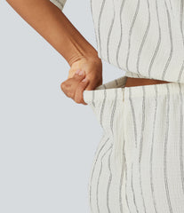 Collar Batwing Sleeve Tie Stripes Casual Romper with Pockets-Easy Peezy
