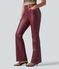 High Waisted Stretchy PU Bootcut Casual Pants with Pockets