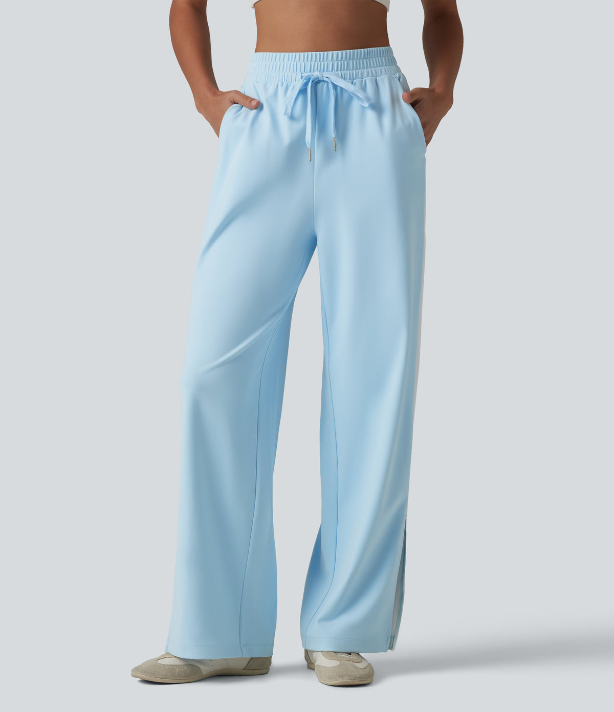 DayStretch High Waisted Drawstring Color Block Stripe Split Straight Leg Yoga Pants with Pockets