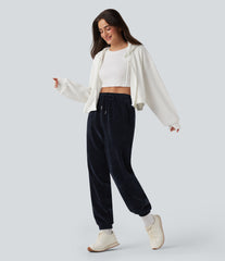 High Waisted Drawstring Chenille Waffle Casual Joggers with Pockets